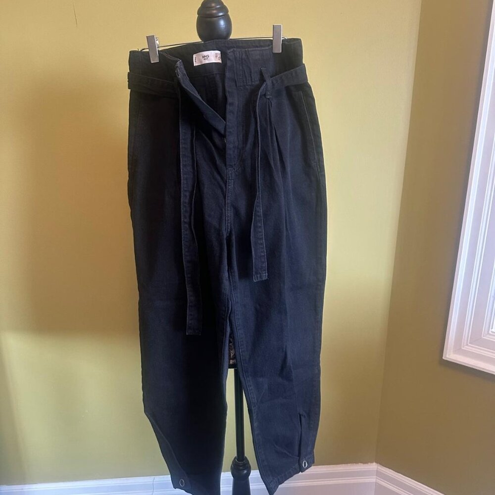 Mango NWOT Black Barrel Leg Jeans High Rise Pleated Cuffed Belted Balloon Denim - Picture 3 of 14